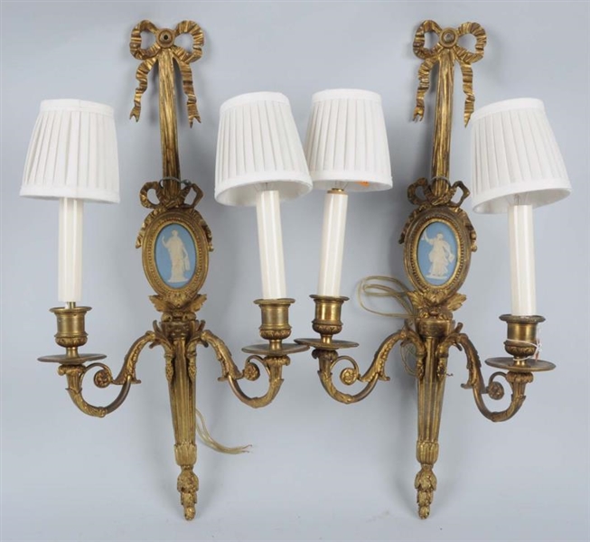 PAIR OF FRENCH BRONZE SCONCES W/ WEDGEWOOD BACKS. 