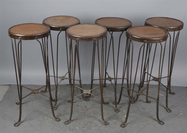 LOT OF 6: TWISTED IRON AND WOOD BAR STOOLS        