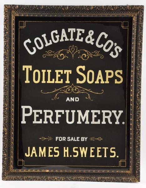 COLGATE & CO TOILET SOAPS REVERSE ON GLASS SIGN.  