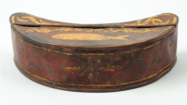 EARLY RED AND GOLD PAINTED BAIT TIN.              