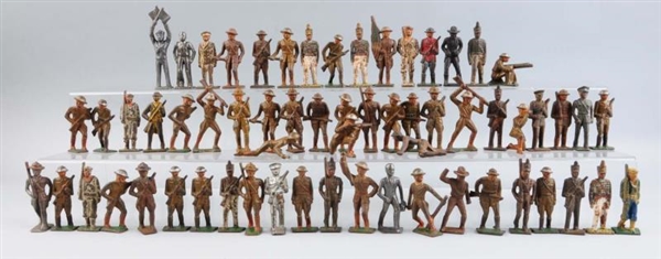 LOT OF 62: BARCLAY TYPE SOLDIERS AND FIGURES.     