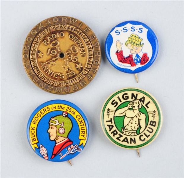 LOT OF 4: CHARACTER PINBACK BUTTONS.              