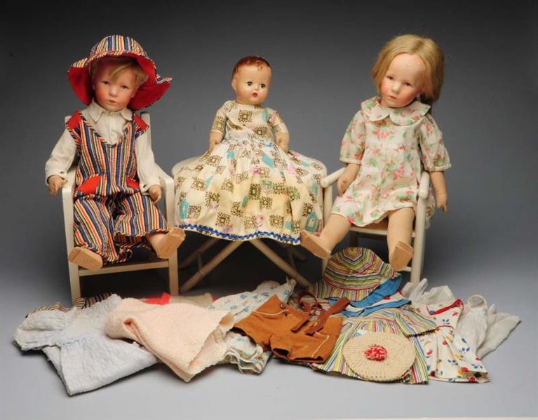 LOT OF 3 DOLLS, FURNITURE AND CLOTHING.           
