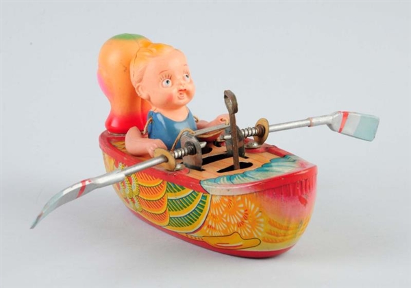 UNUSUAL JAPANESE TIN LITHO & CELLULOID BOAT TOY.  