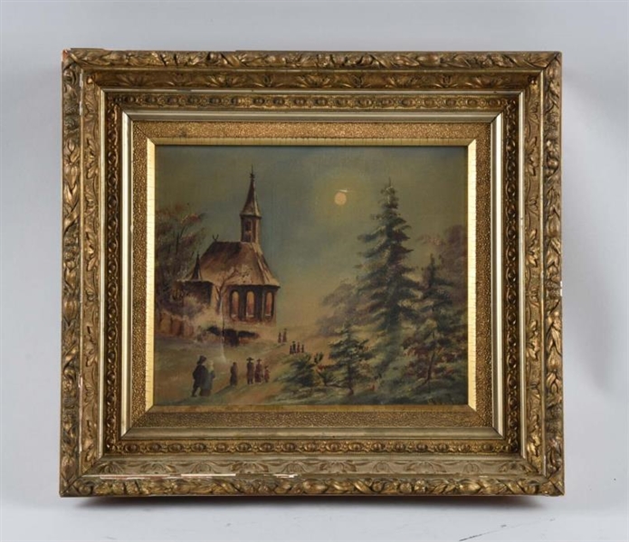 GOLD FRAMED PAINTING OF PEOPLE WALKING BY A CHURCH