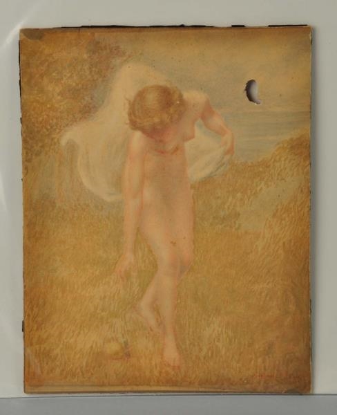WATERCOLOR "NYMPH RECHING FOR AN APPLE" BY PEW .  