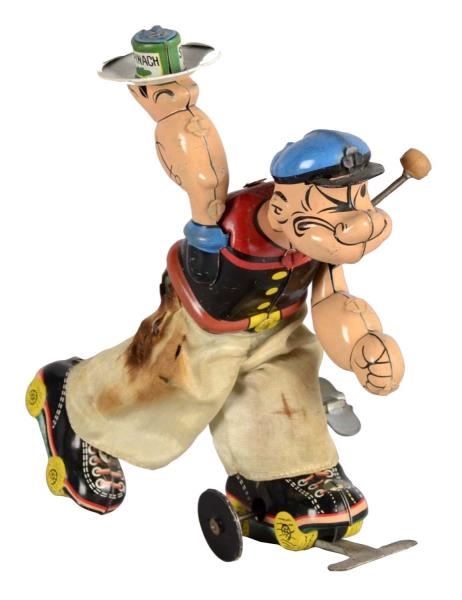 MECHANICAL TIN LITHOGRAPH SKATING POPEYE TOY      