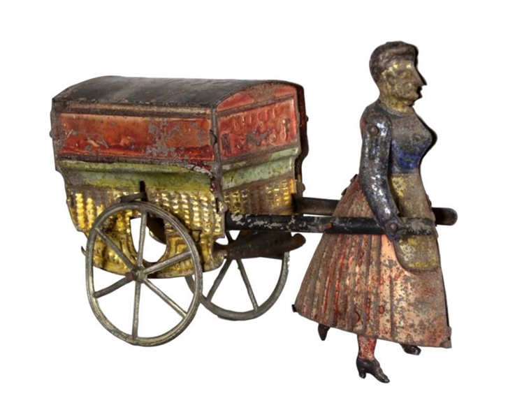 WOMAN PULLING CART FRENCH PENNY TIN PULL TOY      