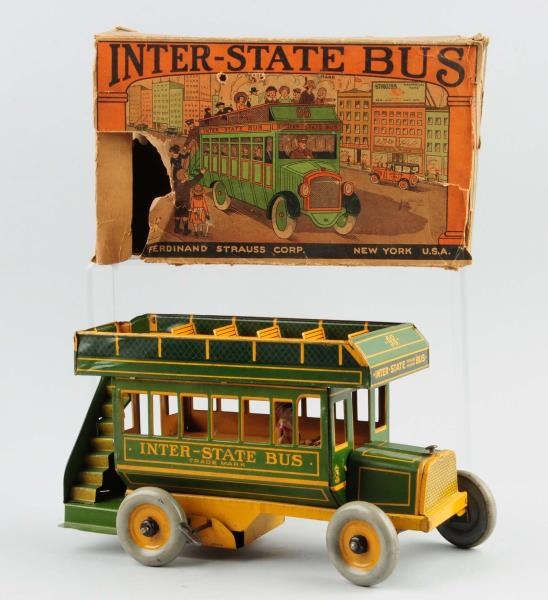 STRAUSS TIN LITHO WIND UP INTER-STATE BUS TOY.    