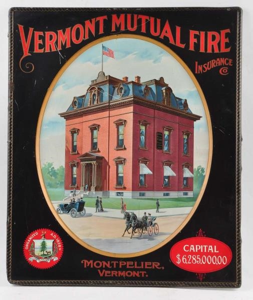 VERMONT MUTUAL FIRE TIN LITHO SIGN.               