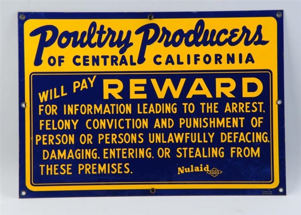 POULTRY PRODUCERS OF CALIFORNIA PORCELAIN SIGN.   