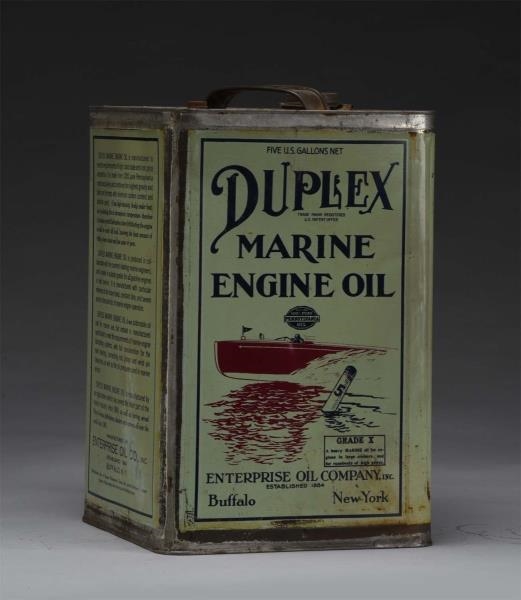 DUPLEX MARINE MOTOR OIL FIVE GAL SQUARE METAL CAN.