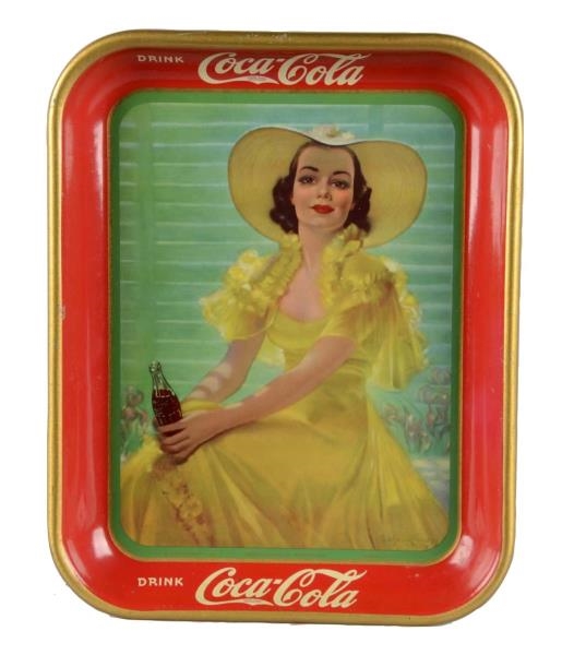 COCA COLA GIRL IN YELLOW HAT TIN SERVING TRAY     