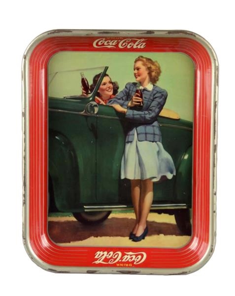 COCA COLA TWO GIRLS WITH A CAR TIN SERVING TRAY   