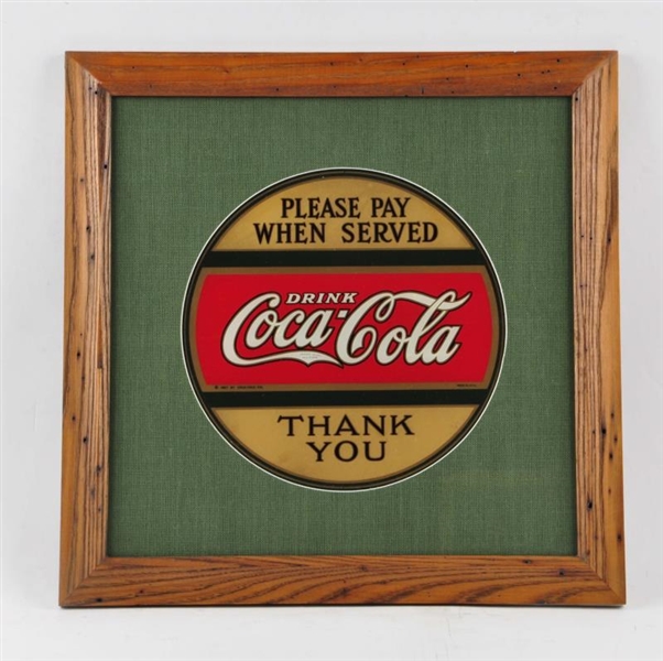 1927 COCA COLA REVERSE ON GLASS SIGN.             