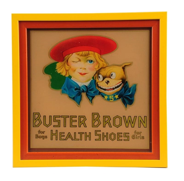 BUSTER BROWN REVERSE ON GLASS ADVERTISING SIGN    
