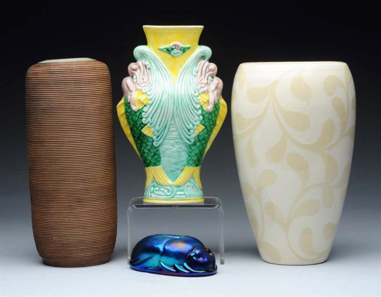 LOT OF 4: VINTAGE VASES AND A PAPER WEIGHT.       