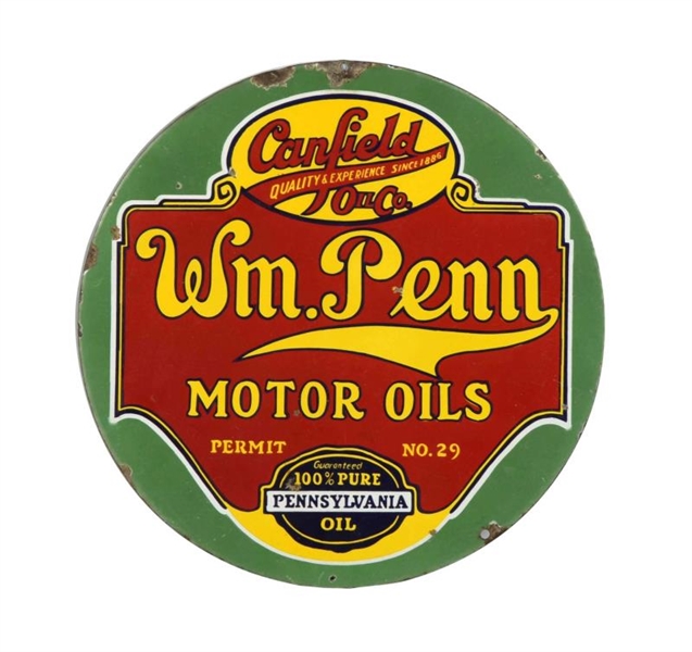 WM. PENN MOTOR OIL CANFIELD OIL CO PORCELAIN SIGN.