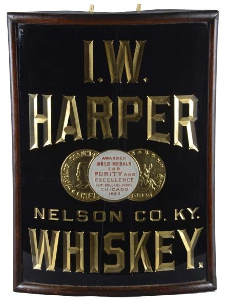I.W. HARPER WHISKEY REVERSE GLASS CORNER SIGN     