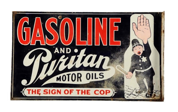 GASOLINE AND PURITAN MOTOR OILS PORCELAIN SIGN.   