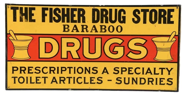 THE FISHER DRUG STORE BARABOO TIN ADVERTISING SIGN