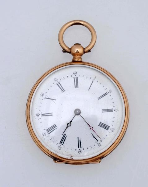 A LADYS ENAMEL AND 14KT GOLD POCKET WATCH        