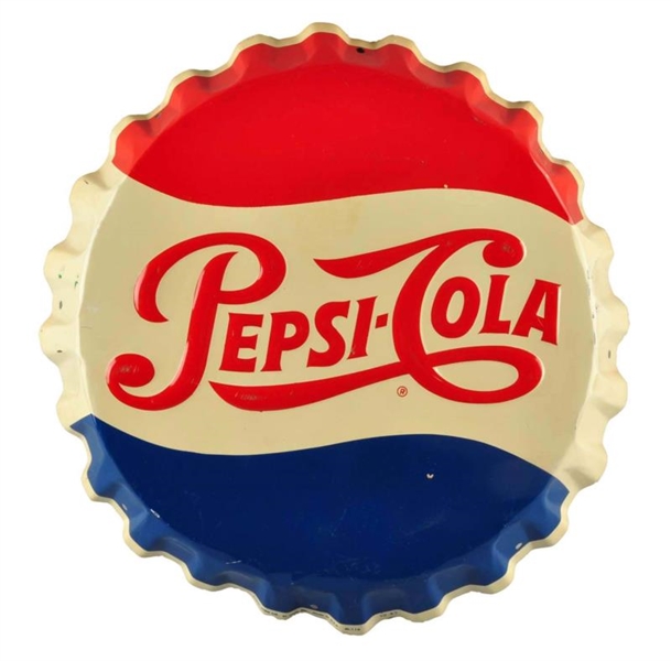 1950S PEPSI - COLA EMBOSSED TIN BOTTLE CAP SIGN. 