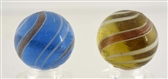 LOT OF 2: COLORED GLASS BANDED LUTZ MARBLES.      
