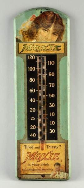 EARLY TIN MOXIE ADVERTISING THERMOMETER.          