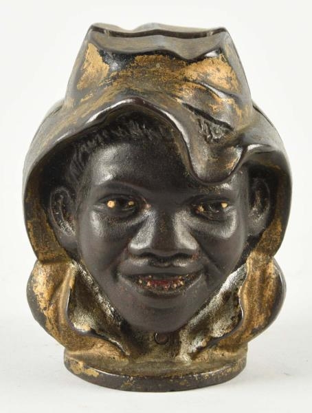 LARGE TWO FACE BLACK BOYS CAST IRON STILL BANK.   