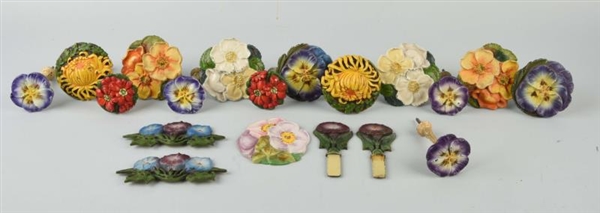 LOT OF 10: PAIRS OF C.I. FLORAL CURTAIN TIE-BACKS.