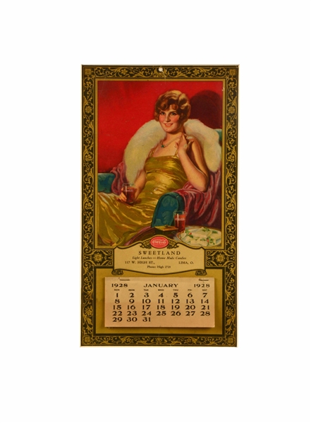 JANUARY 1928 BROWN WHITE DRUG CO. COCA-COLA LITHOGRAPHED CALENDAR. 