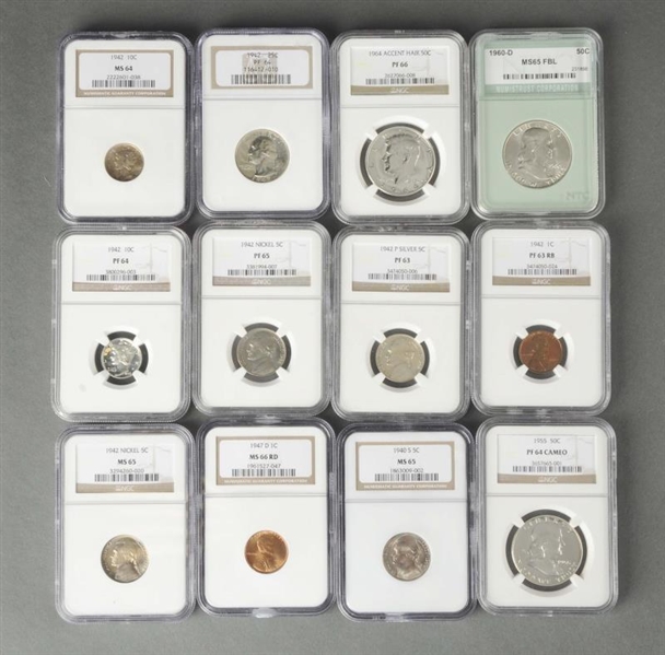 LOT OF 12:  GRADED COINS.                         