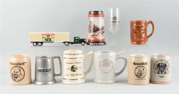 LOT OF 10: BEER MUGS, A GLASS & TOY TRUCK.        