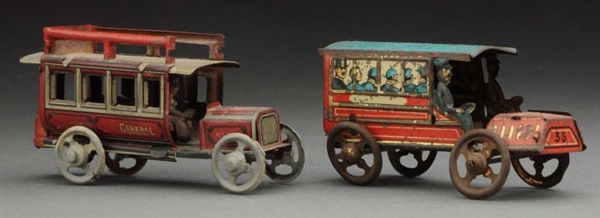 LOT OF 2: GERMAN TIN LITHO PENNY TOY BUSES.       