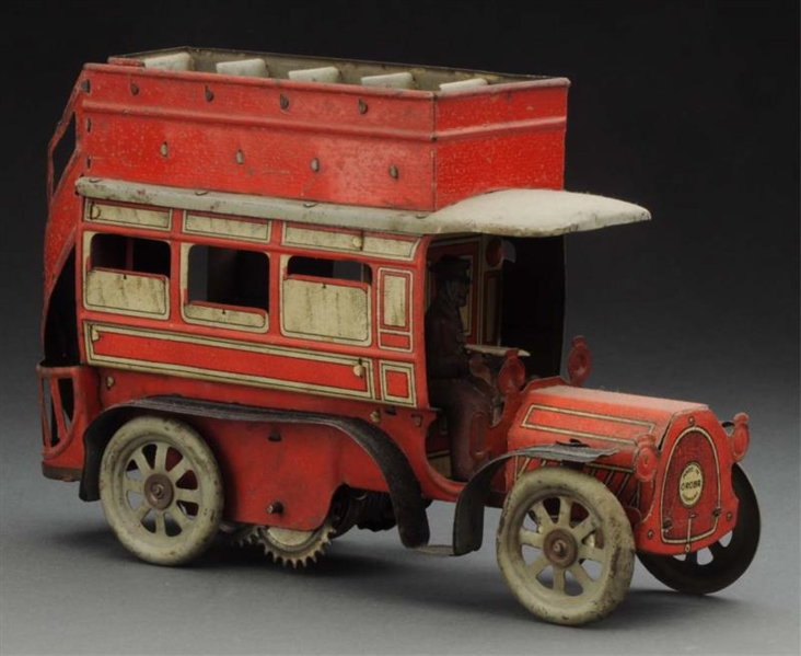 GERMAN TIN LITHO WIND-UP DOUBLE DECKER BUS TOY.   