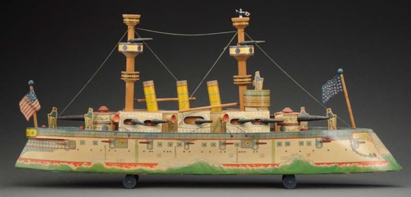 EARLY AMERICAN MADE PAPER ON WOOD BATTLESHIP TOY. 