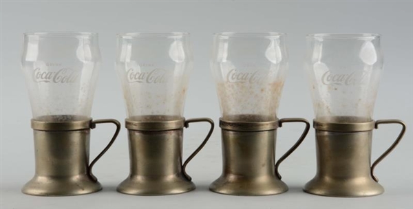 LOT OF 4: COCA-COLA GLASSES W/ METAL SLEEVES.     