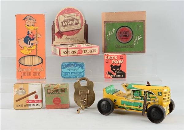 LOT OF 9: GENERAL STORE ITEMS & MARX TIN TRACTOR. 