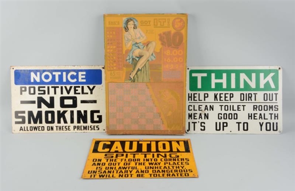 LOT OF 4: ASSORTED SIGNS AND A PUNCH BOARD.       