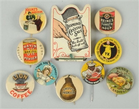 LOT OF 10: FOOD RELATED CELLULOID PINBACKS.       