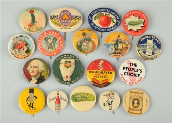 LOT OF 18: FOOD RELATED CELLULOID PINBACKS.       