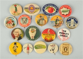LOT OF 18: FOOD RELATED CELLULOID PINBACKS.       