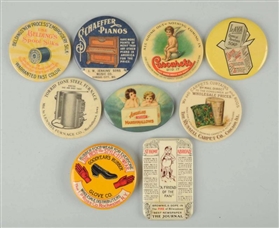 LOT OF 9: CELLULOID ADVERTISING POCKET MIRRORS.   