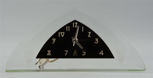 ART DECO BLACK FACE ELECTRIC CLOCK W/ ETCHED GLASS