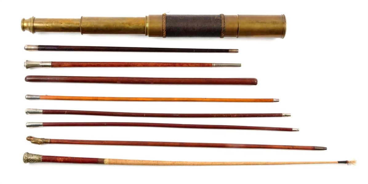 LOT OF 9: SWAGGER STICKS AND TELESCOPE.           