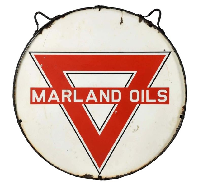 MARLAND OILS W/ TRIANGLE LOGO PORCELAIN SIGN.     