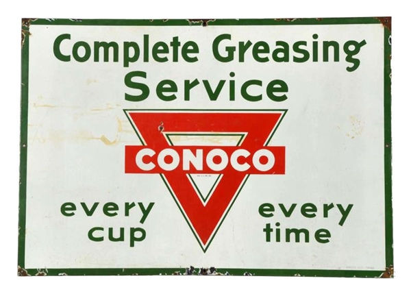 CONOCO COMPLETE GREASING SERVICE PORCELAIN SIGN.  