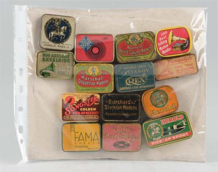 LOT OF 14: EARLY PHONOGRAPH NEEDLE TINS.          