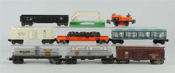 LOT OF 8: LIONEL NO. 50 GANG CAR & FREIGHT CARS.  